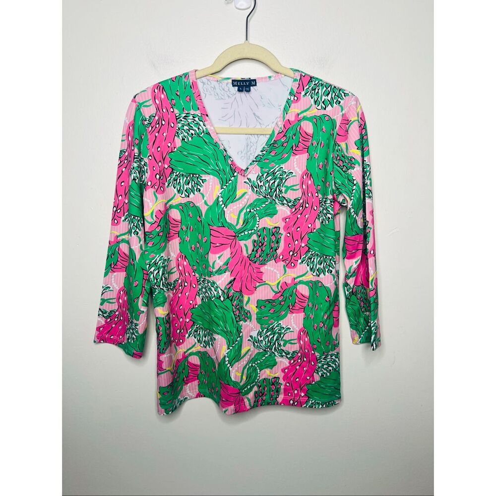 Melly M Tropical Pink Green 3/4 sleeve top Sz L